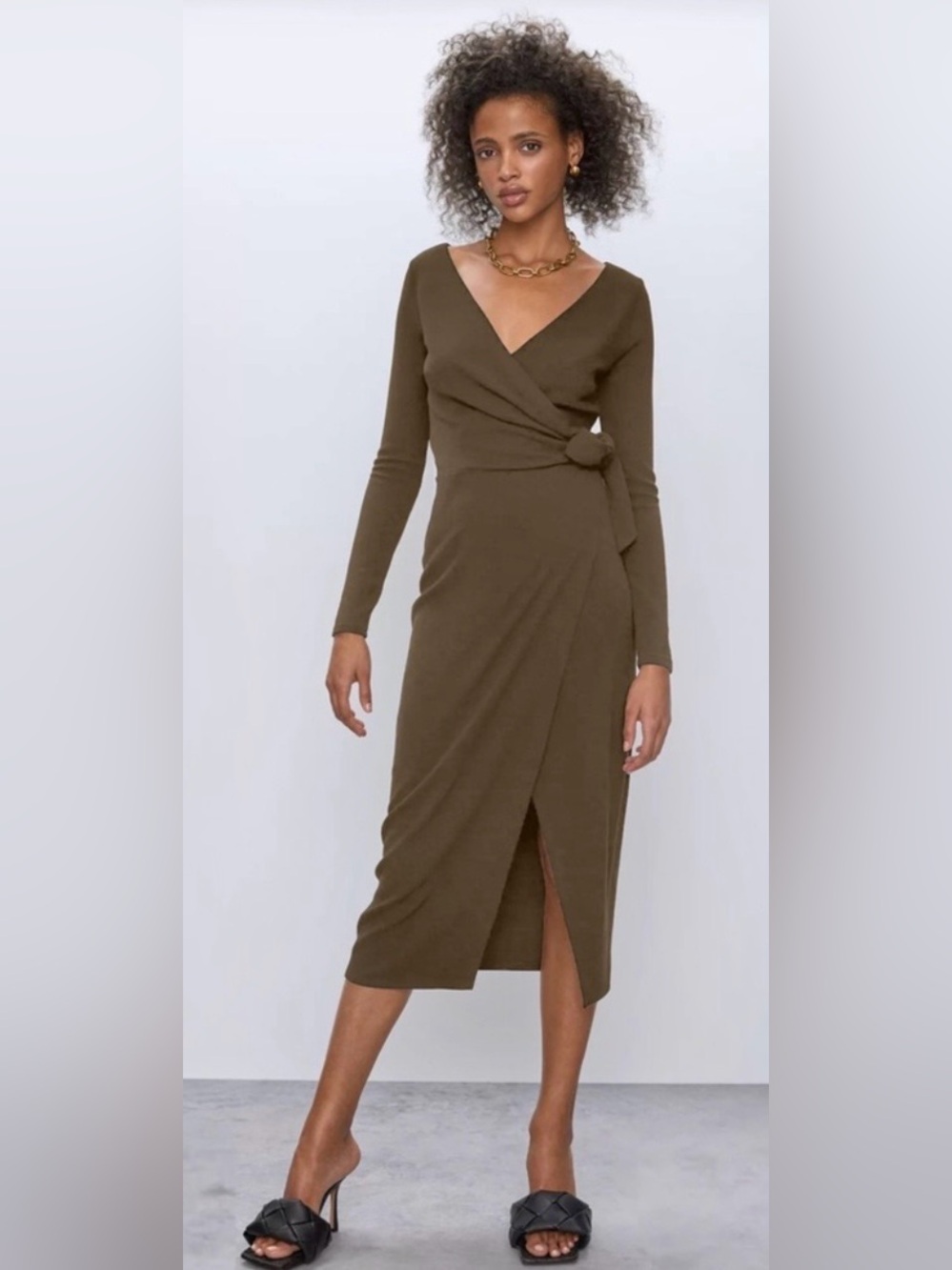Babaton by Aritzia Gaudi Dress XXS Long Sleeve Wrap Midi Dress Bark Brown